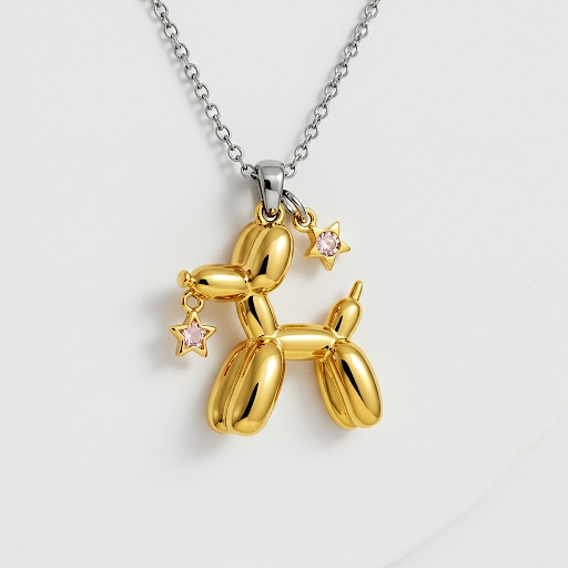 Custom Stainless Steel Balloon Dog Pendant Necklace with Pink Zirconia Star Charms